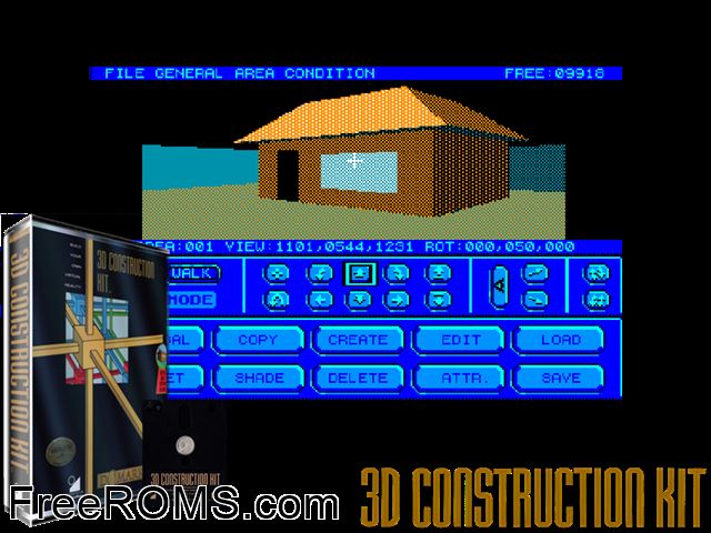 3D Construction Kit (F) (1988) (Disk 2 of 2) [a1] Amstrad CPC game showing 3D box cover and gameplay screenshot